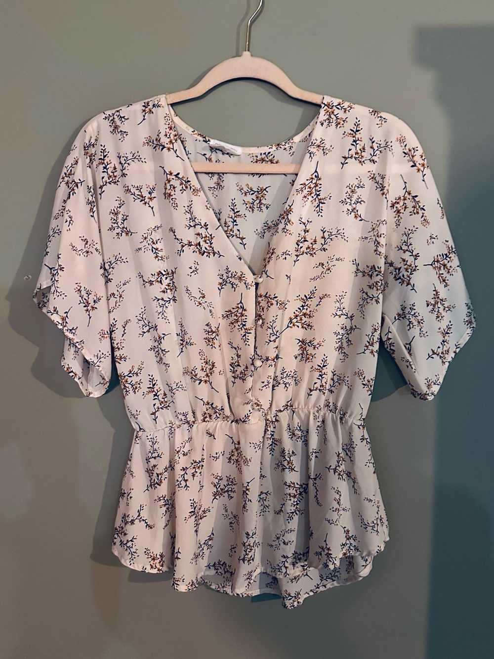 Sienna Sky. Floral V-Neck Peplum Blouse - Cream with Brown Print medium